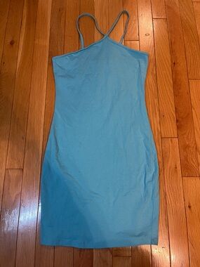 Light blue high neck strap mini dress